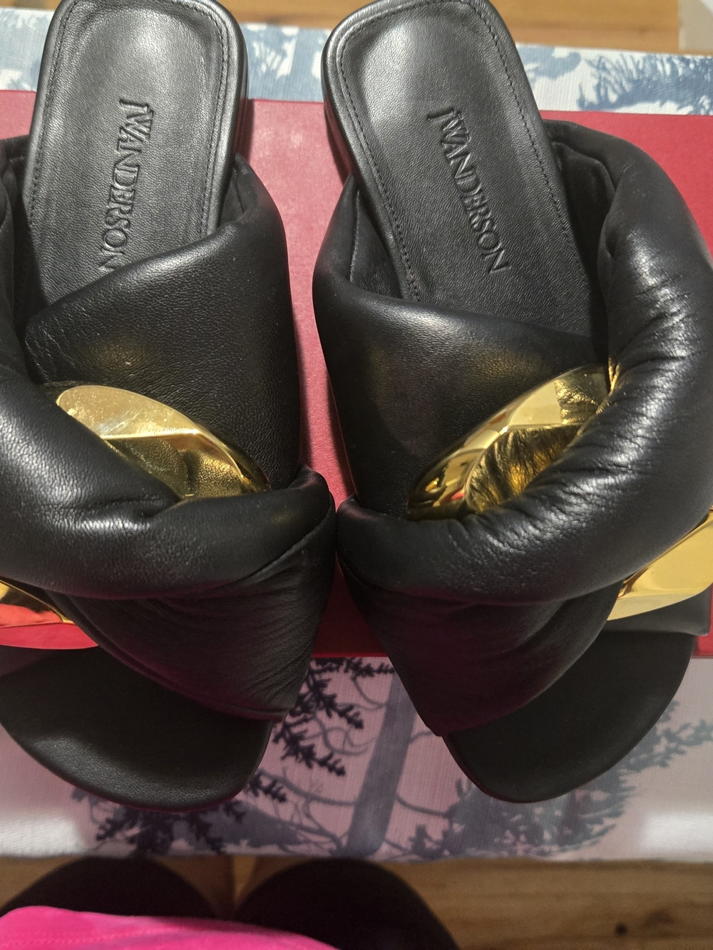 JW ANDERSON Black Leather Knotted Slide Sandals with Gold Accent